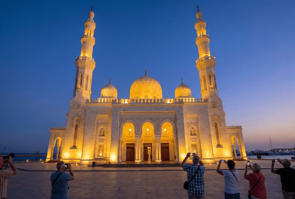 Upplyst Al Mina Moskén i Hurghada på twilight, uppvisande av Islamisk arkitektur och minareter.