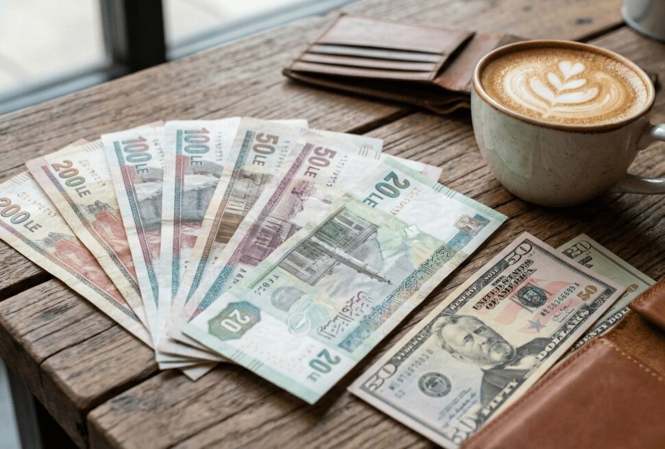 Egyptian Pound banknotes and US Dollars, illustrating currency exchange and money tips for tourists in Hurghada.