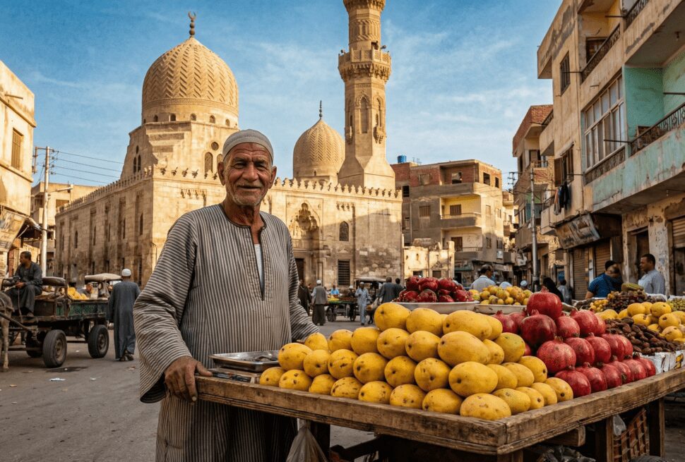 Fruit vendor in El Dahar square, Hurghada's historic Old Town, showcasing local life and markets