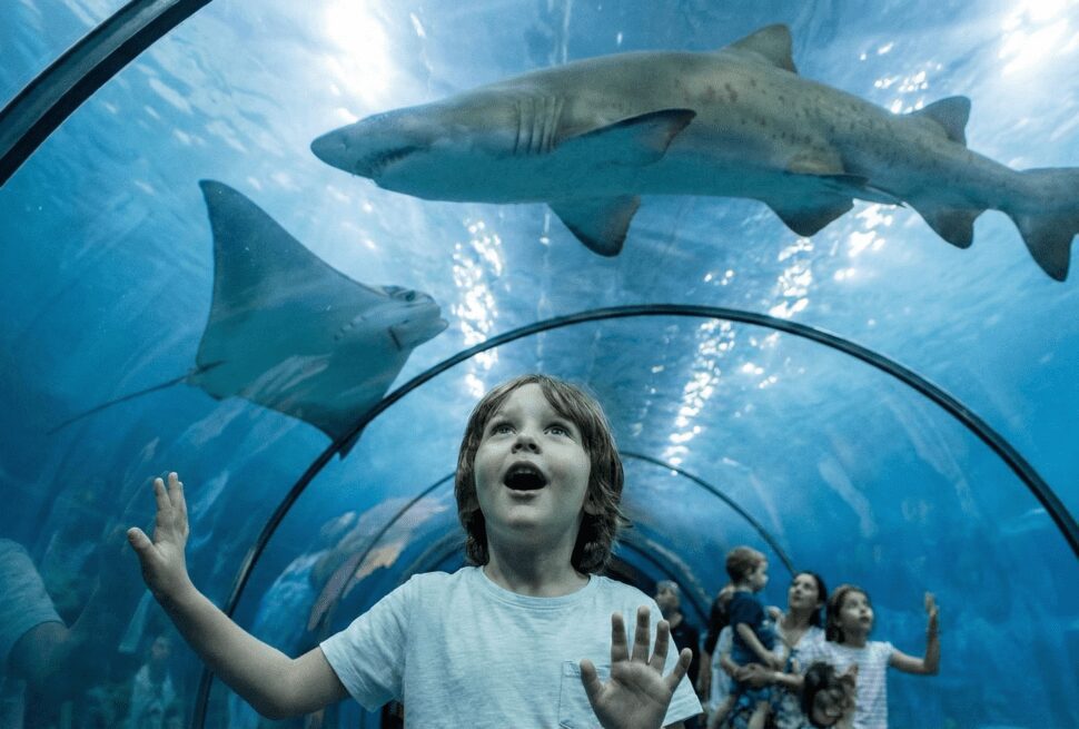 Child watching sharks in the underwater tunnel at Hurghada Grand Aquarium.
