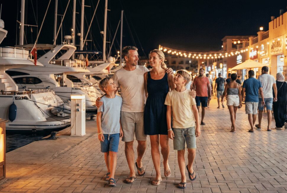 A tourist family enjoying a safe evening walk on the well-lit Hurghada Marina promenade, showcasing a secure environment.