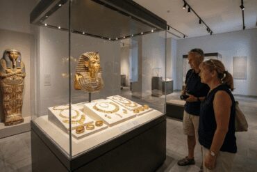 Ancient Egyptian artifacts on display at the Hurghada Museum, featuring golden jewelry and painted coffins.
