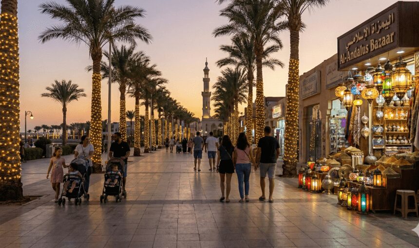 Families walking along the illuminated El Mamsha Tourist Promenade in Hurghada at night.