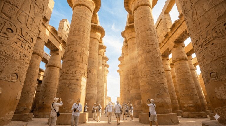 Wide angle shot of Karnak Temple in Luxor, massive columns with hieroglyphics, sun rays passing through, blue sky, tourists walking with admiration. High quality travel photography.