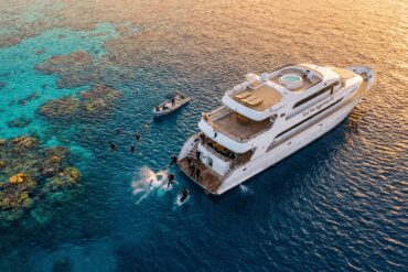 Luxury diving liveaboard anchored in the Red Sea, offering the ultimate diving safari experience