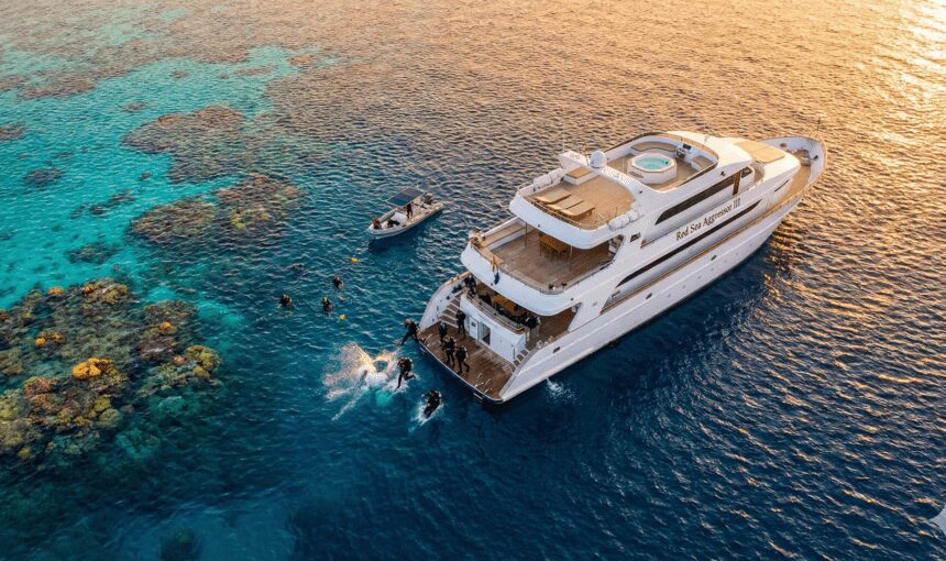 Luxury diving liveaboard anchored in the Red Sea, offering the ultimate diving safari experience