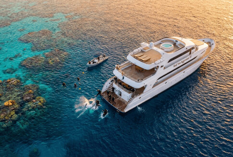 Luxury diving liveaboard anchored in the Red Sea, offering the ultimate diving safari experience
