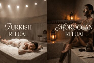 Side-by-Side de comparaison d'un Hammam turc de la mousse de massage et un Bain Marocain traitement à l'argile, montrant la différence dans les rituels spa.