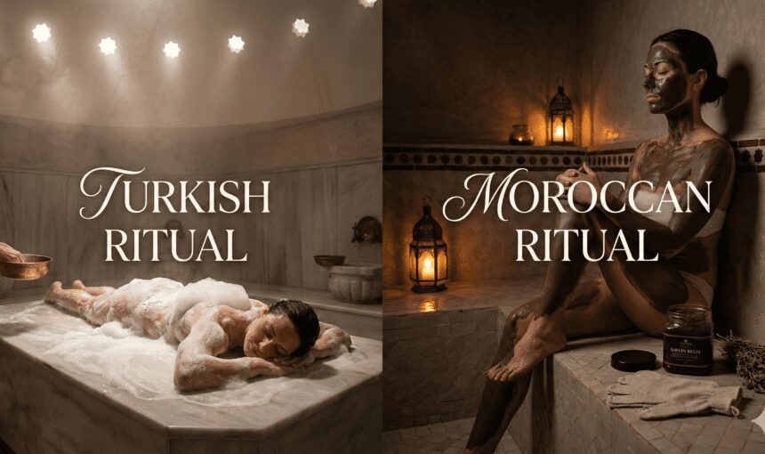 Side-by-Side de comparaison d'un Hammam turc de la mousse de massage et un Bain Marocain traitement à l'argile, montrant la différence dans les rituels spa.