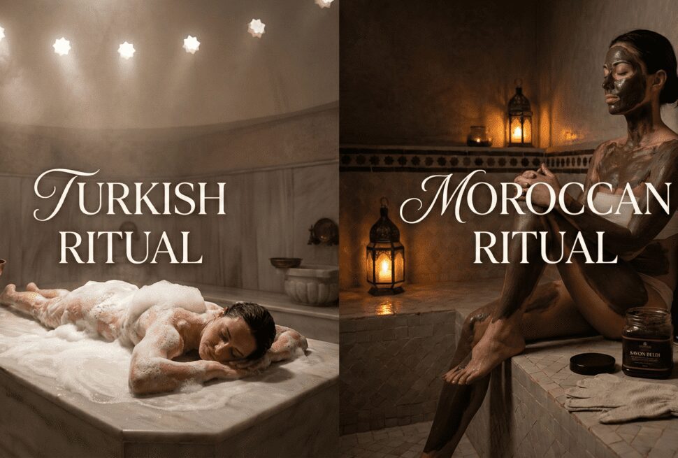 Side-by-side comparison of a Turkish Hammam foam massage and a Moroccan Bath clay treatment, showing the difference in spa rituals.