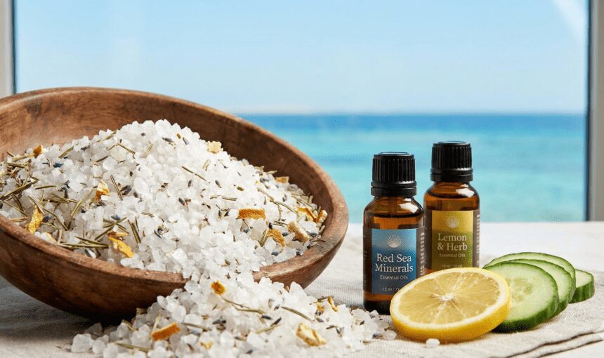 Natural Red Sea salt scrub in a wooden bowl with essential oils, set against a beach background, representing organic spa treatments in Hurghada.