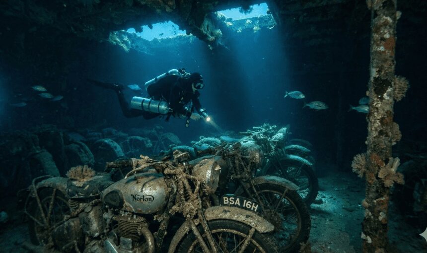 Scuba diver exploring WWII motorcycles inside the SS Thistlegorm shipwreck in the Red Sea.