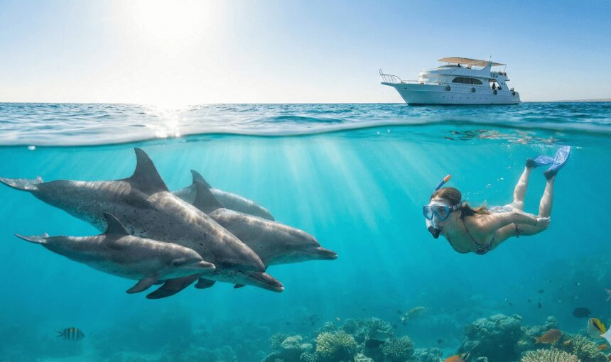 Snorkeler swimming with a pod of wild dolphins in the Red Sea at Dolphin House Hurghada.