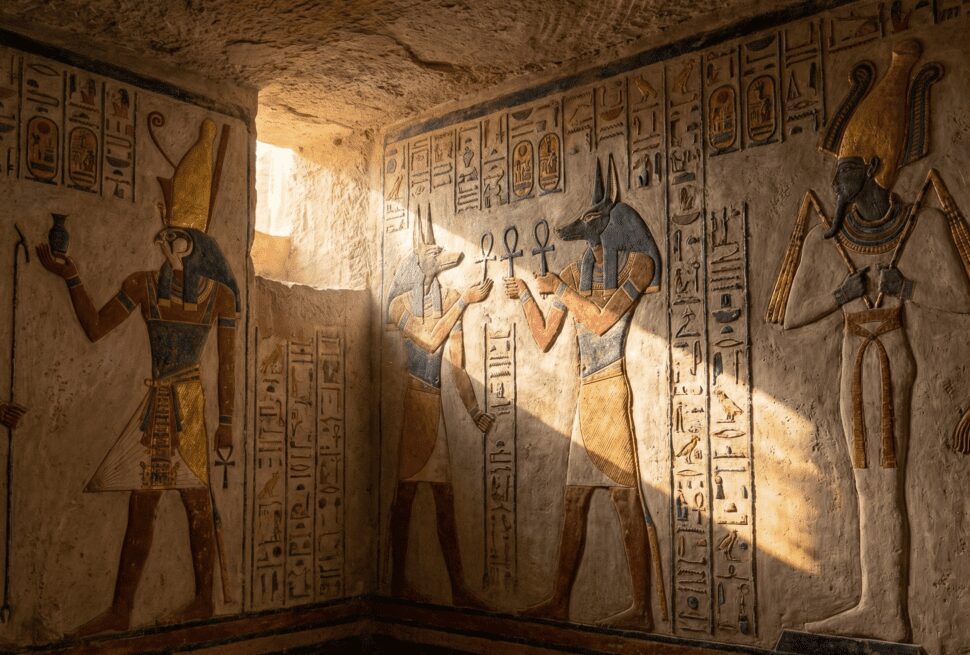 Interior of a Pharaonic tomb in the Valley of the Kings showing vibrant, original colored hieroglyphs on the walls.