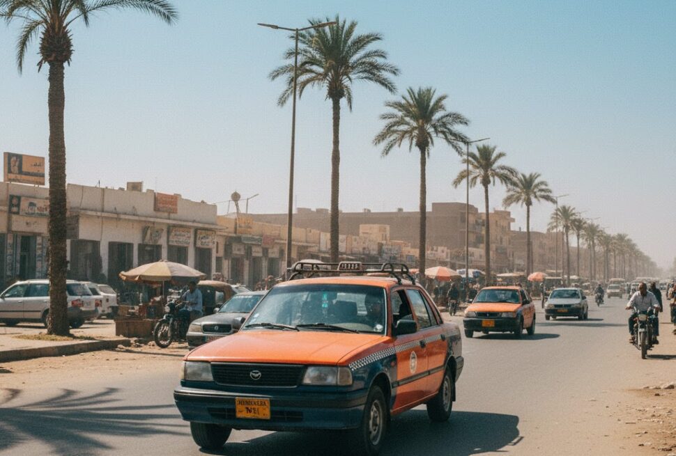 Orange and dark blue taxi driving on a busy street in Hurghada city center.