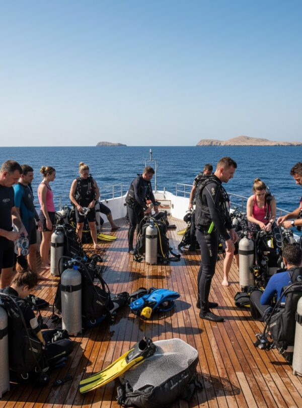 Divers preparing their gear on the deck of a diving boat in the Red Sea.