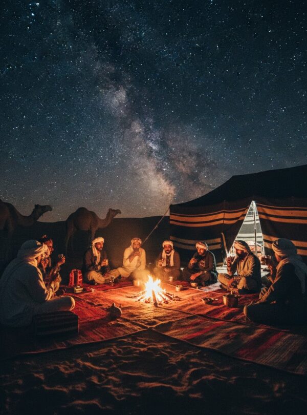 Authentic Bedouin tent in the desert at night with people gathered around a fire.
