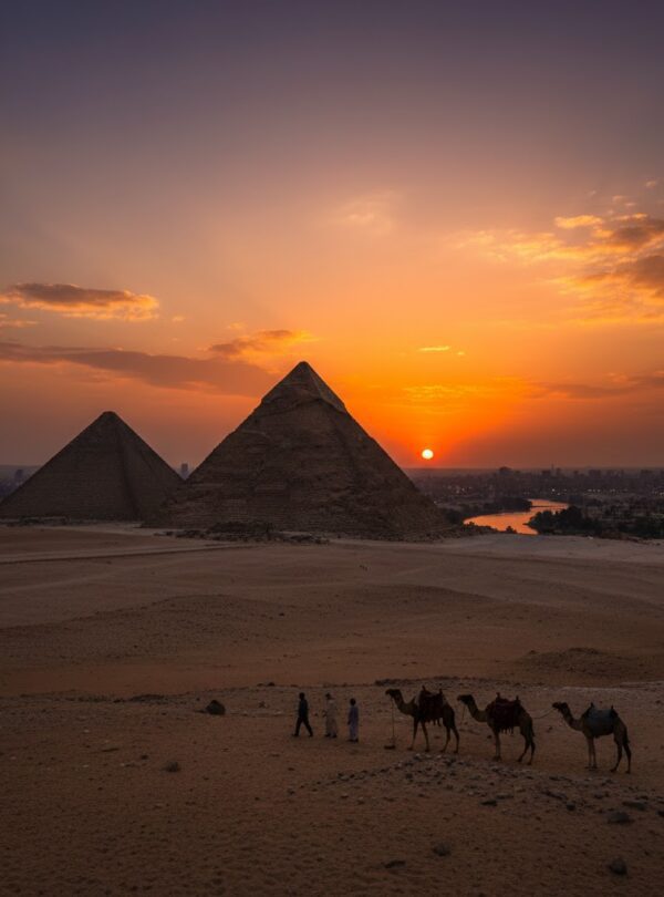 Panoramic view of the Great Pyramids of Giza with Cairo city skyline in the background.