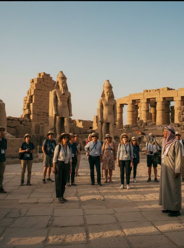 Tourists exploring an ancient Egyptian temple complex with a guide, warm light.