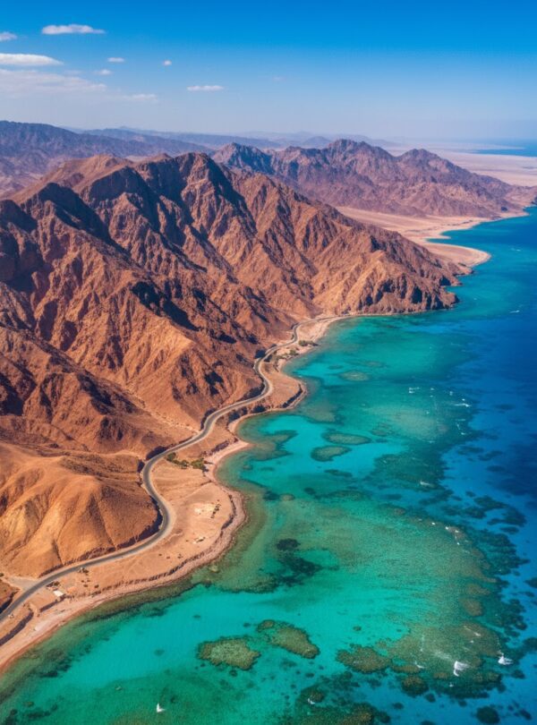 View of the rugged Eastern Desert mountains meeting the turquoise Red Sea coast.