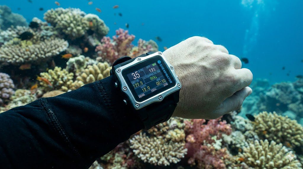 Diver checking dive computer between dives