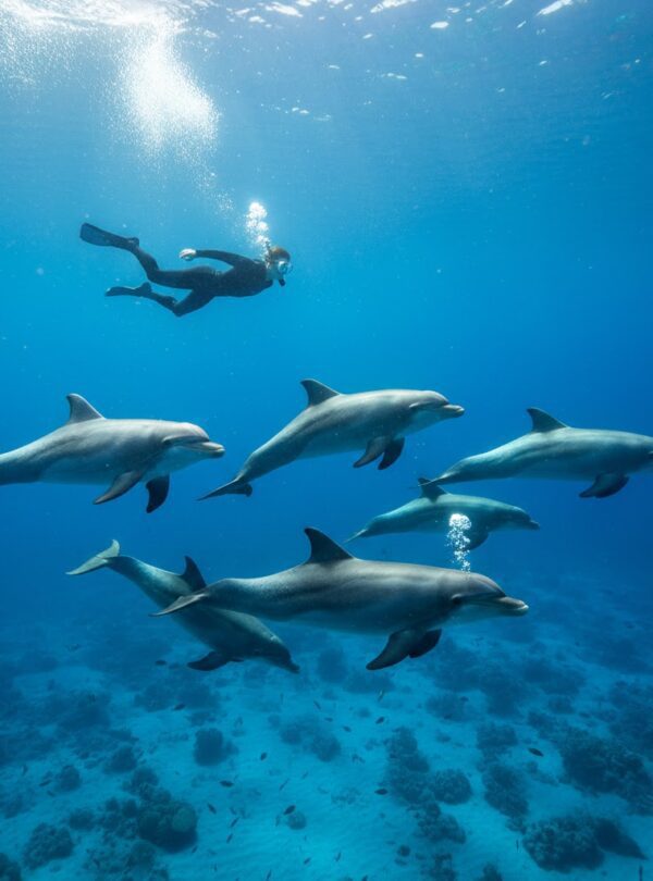 A snorkeler swimming near a pod of wild bottlenose dolphins in the open sea.
