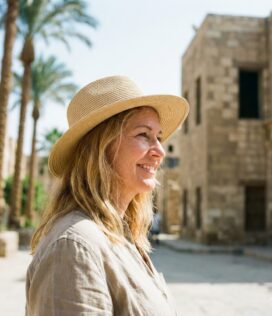 Portrait of Emma Richardson, a smiling tourist who enjoyed a family-friendly Orange Bay boat trip in Hurghada.