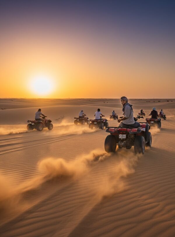 Group of people riding quad bikes through the sand dunes of the Hurghada desert.