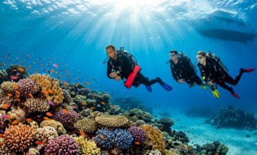 Certified divers exploring a vibrant coral reef in Hurghada on a Nova Travel Egypt 3-day dive package.
