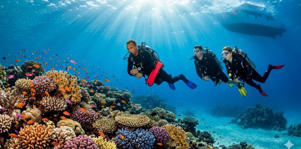 Certified divers exploring a vibrant coral reef in Hurghada on a Nova Travel Egypt 3-day dive package.