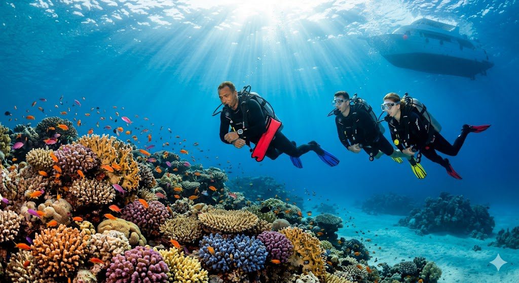 Certified divers exploring a vibrant coral reef in Hurghada on a Nova Travel Egypt 3-day dive package.
